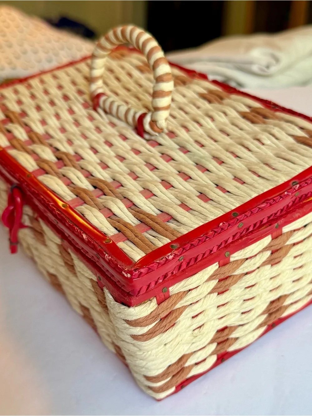 Vintage Red Woven Sewing Basket